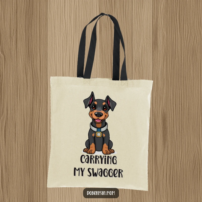 Doberman with a polished collar smiling confidently on a durable and funny tote bag.