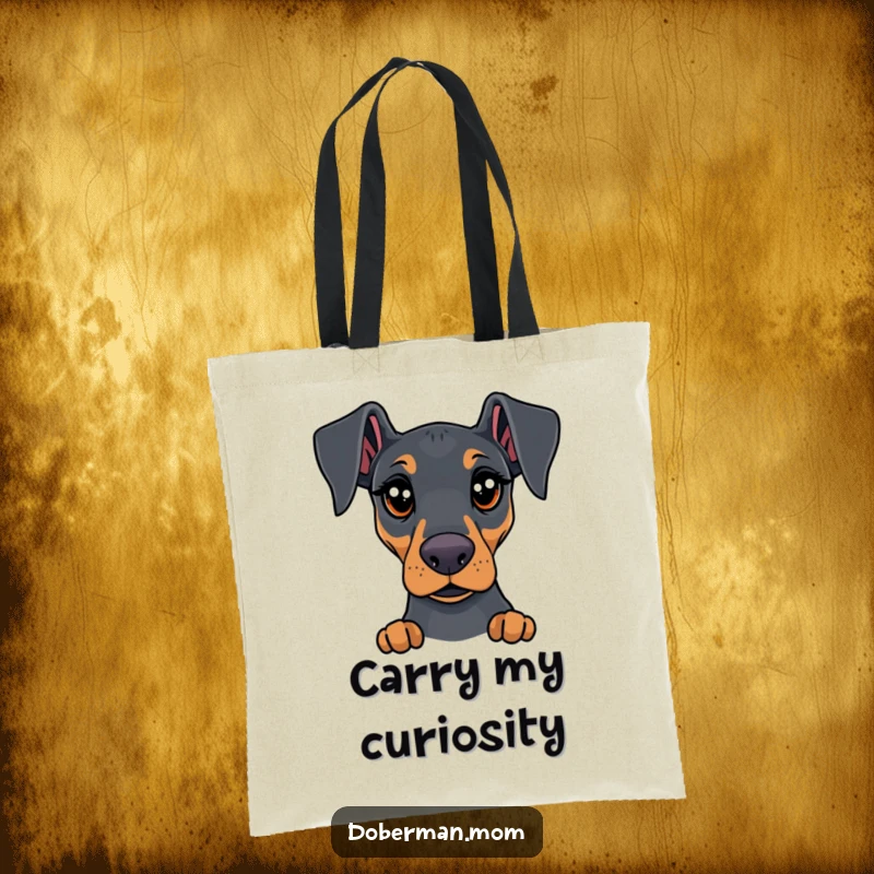 Funny Doberman tote bag showcasing a dog with intensely curious and expressive eyes, ideal for carrying essentials humorously.