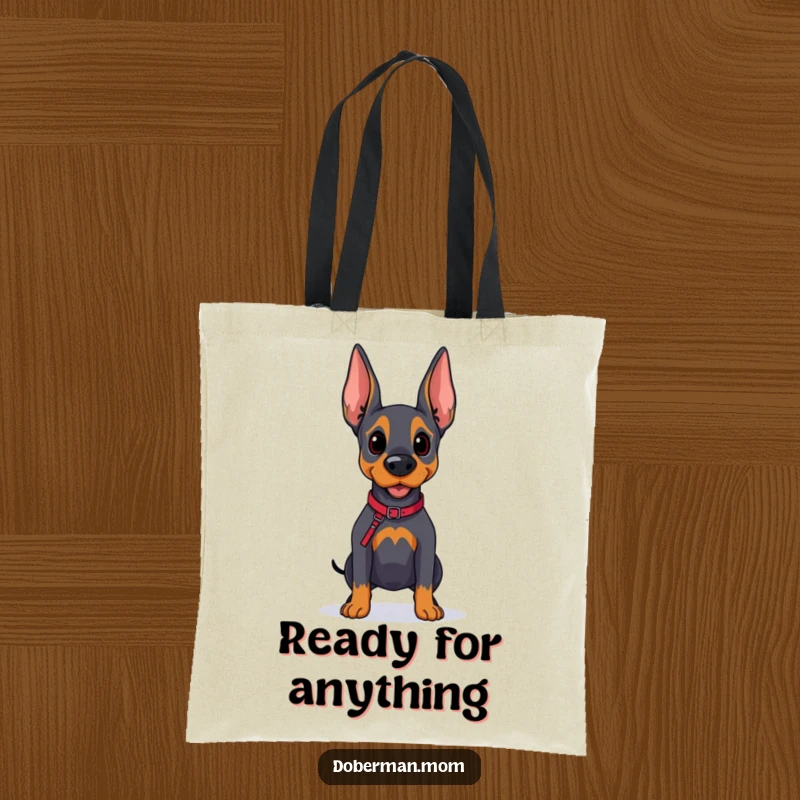 Funny Doberman Adventure Tote Bag: A hopeful Doberman dog with a leash looks onward, ready for any outing.