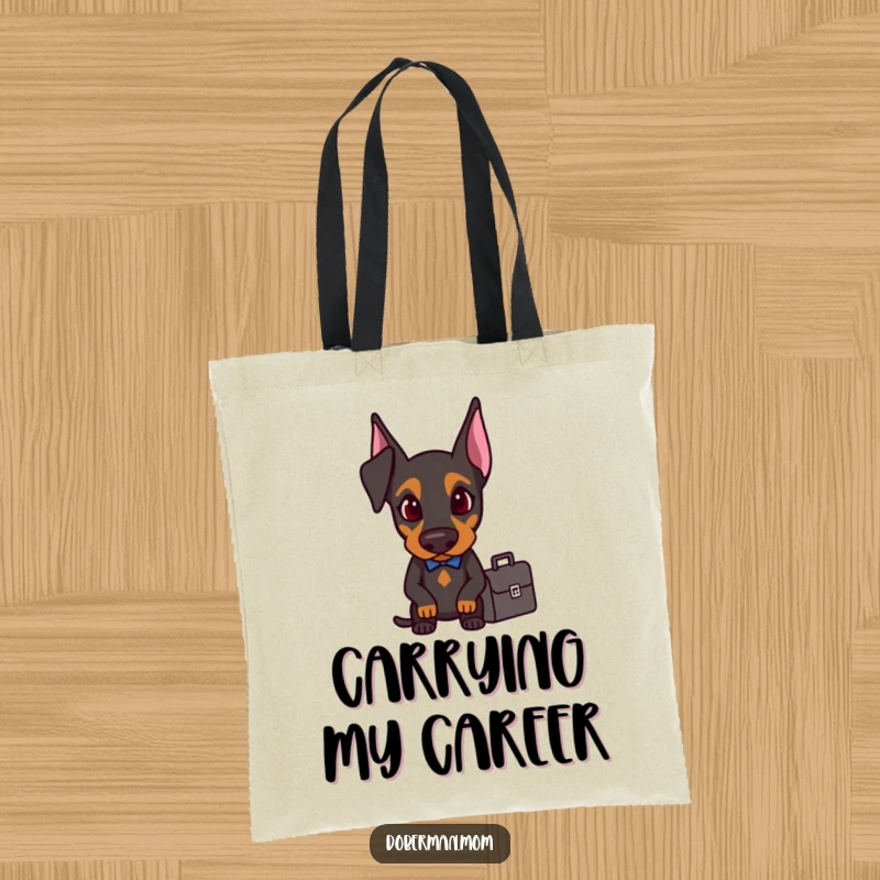 Determined Doberman with a briefcase on a durable and funny tote bag, perfect for work.