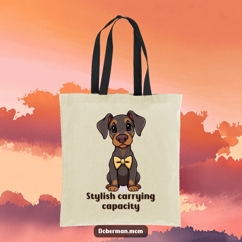 Funny Doberman standing proudly wearing a tiny, elegant bow tie, printed on a durable tote bag.
