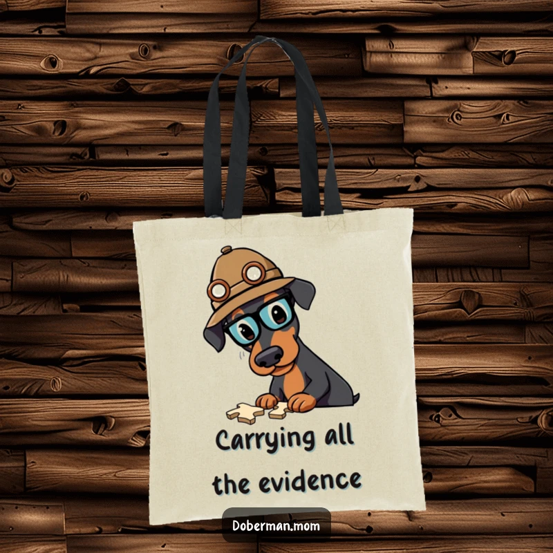 Funny Doberman detective tote bag with a charming dog in a detective hat, actively solving a baffling puzzle.