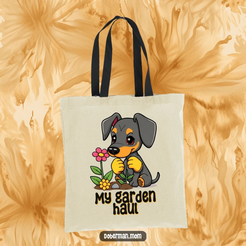 Funny tote bag with a Doberman in gardening gloves, planting a flower, perfect for stylish carrying.