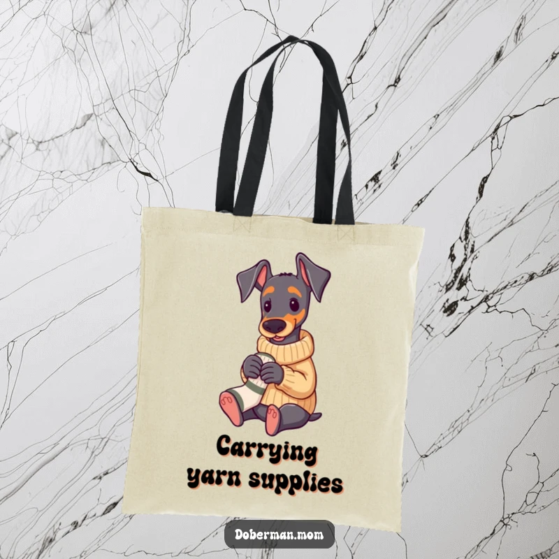 Funny Doberman wearing a cozy sweater, knitting a small sock, durable tote bag.