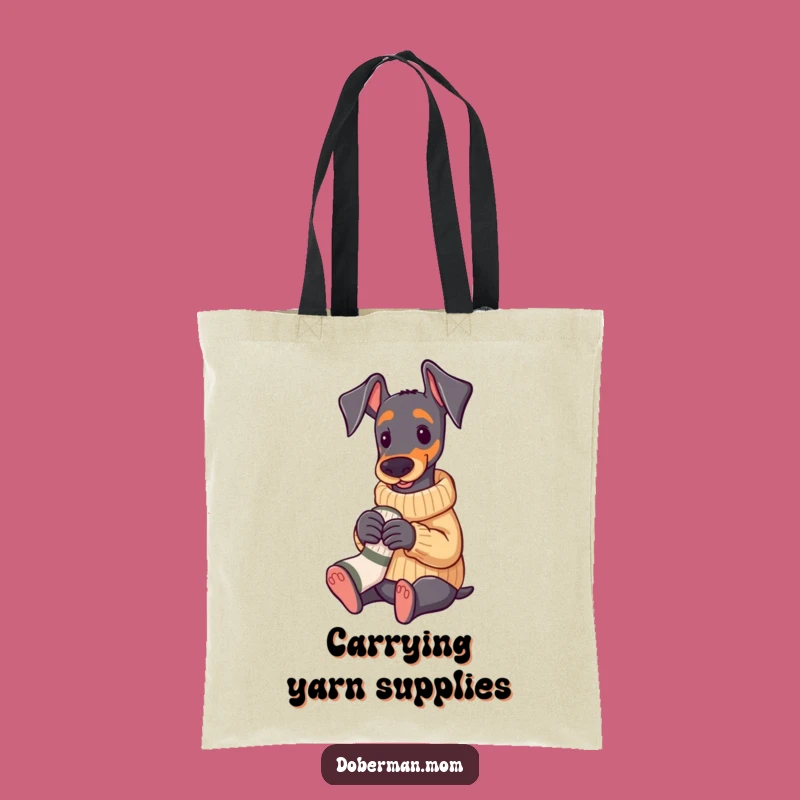 Funny Doberman Knitting Tote Bag: Cozy Sweater Pup Crafty Shopping Bag