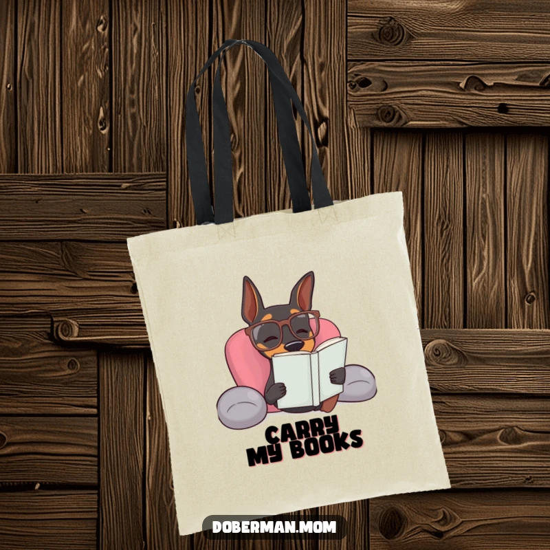 Funny Doberman dog with reading glasses enjoying a moment, a humorous tote bag for book lovers.
