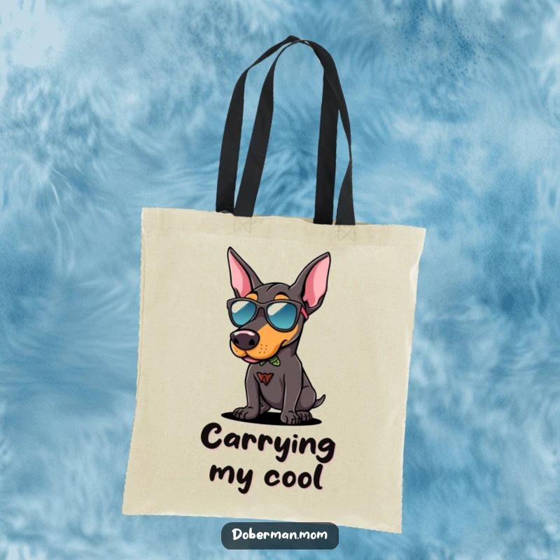 Funny Doberman sunglasses tote bag featuring a dog in cool shades making a confident pose, great for shopping and dog accessories.