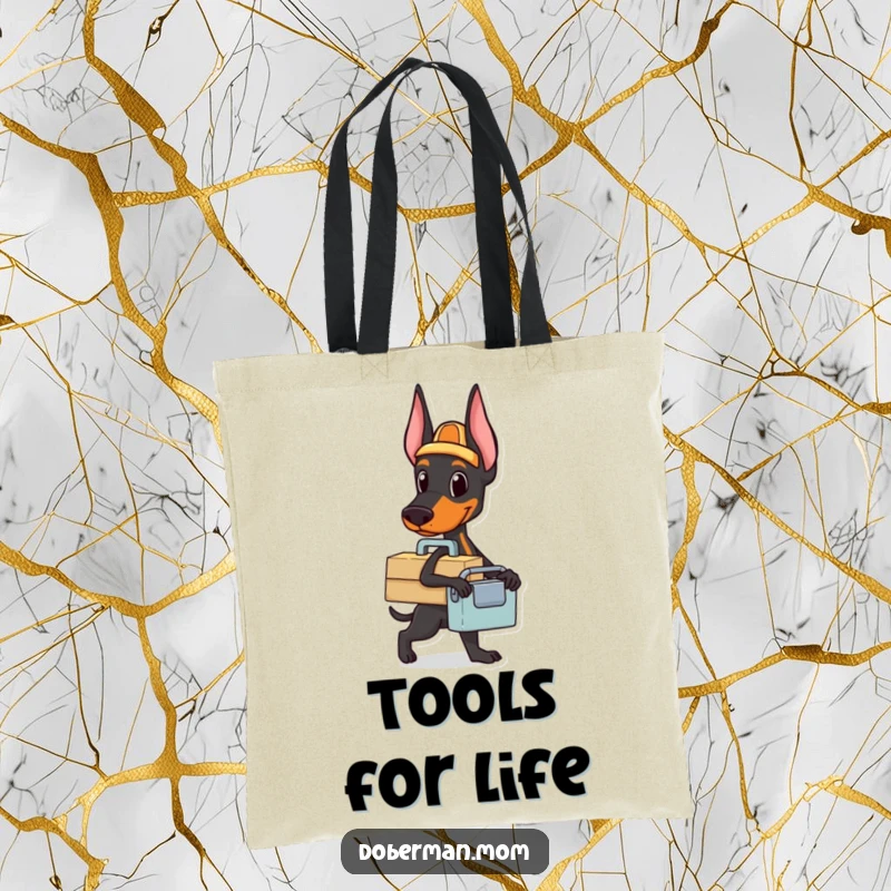 Funny Doberman toolbox tote bag featuring a dog carrying a small toolbox, ready for any task, great for errands.
