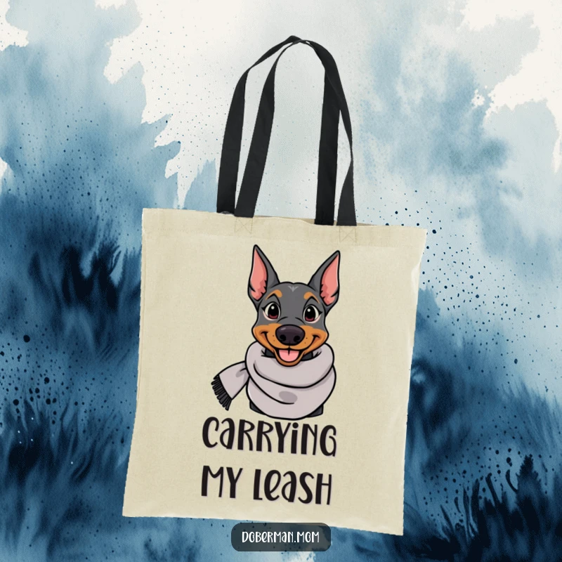 Funny Doberman tote bag with an elegant dog in a stylish scarf, perfect for carrying essentials with a humorous flair.