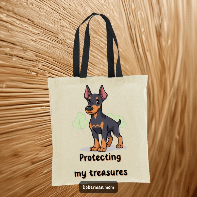 Funny Loyal Doberman Guardian Tote Bag: a protective dog surveys; a humorous and practical accessory for vigilant owners.
