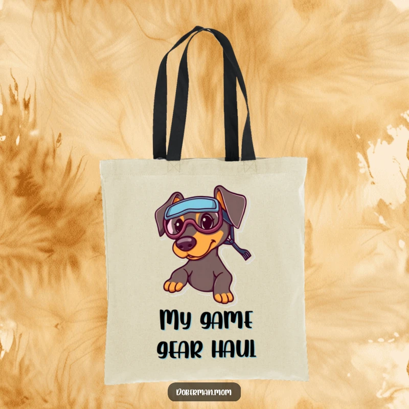 Funny Sports Doberman Tote Bag: A Doberman wearing small sports goggles, looking eager for playtime and adventures.