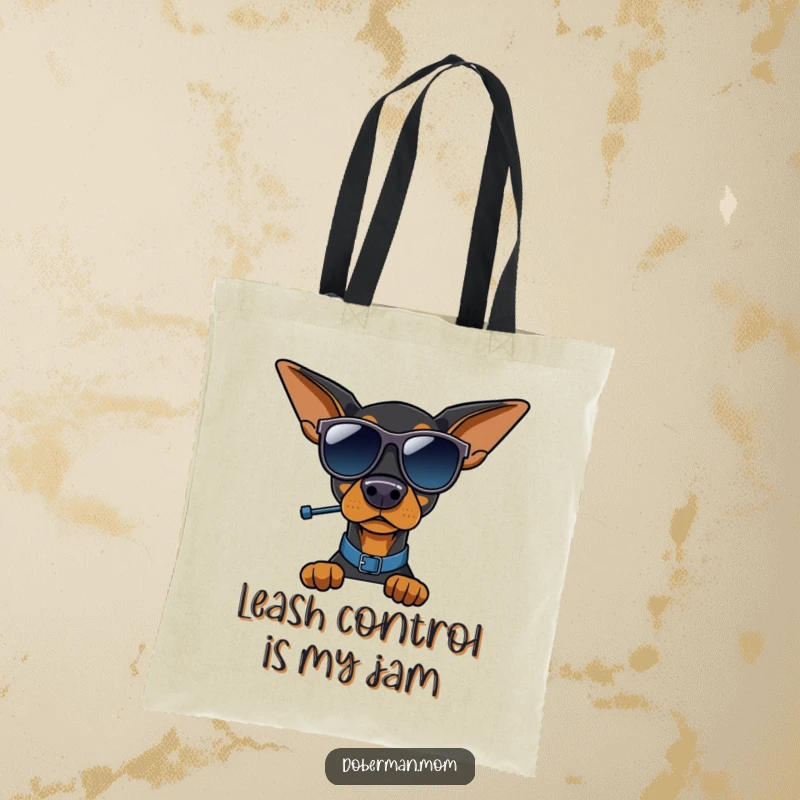 Funny Doberman tote bag, Doberman in sunglasses directing traffic with a whistle, stylish and practical.