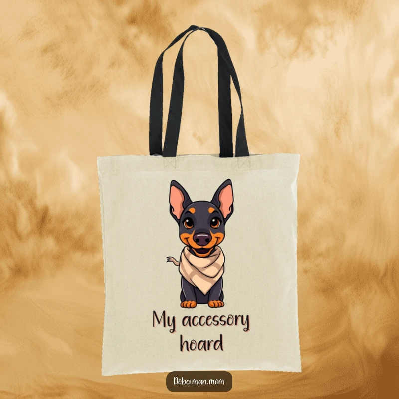 Funny Doberman tote bag showing a Doberman with a confident smile and a stylish scarf, perfect for carrying essentials in style.