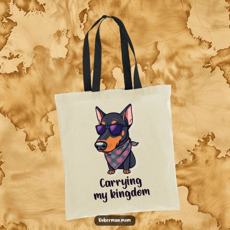 Funny Doberman Tote Bag: A stylish Doberman sporting a chic bandana, ready to carry your belongings with regal elegance and humor.